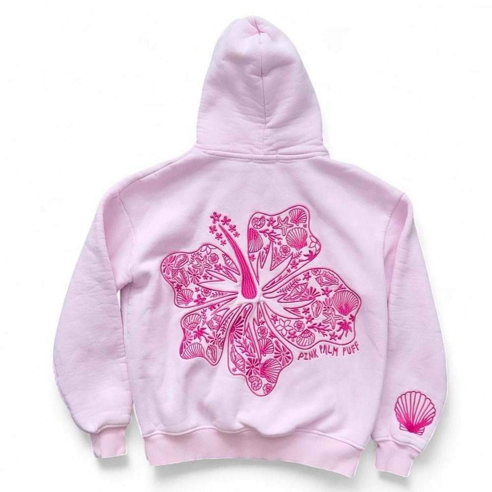 Pink Palm Puff Hoodie Hibiscus Flower Size XXS